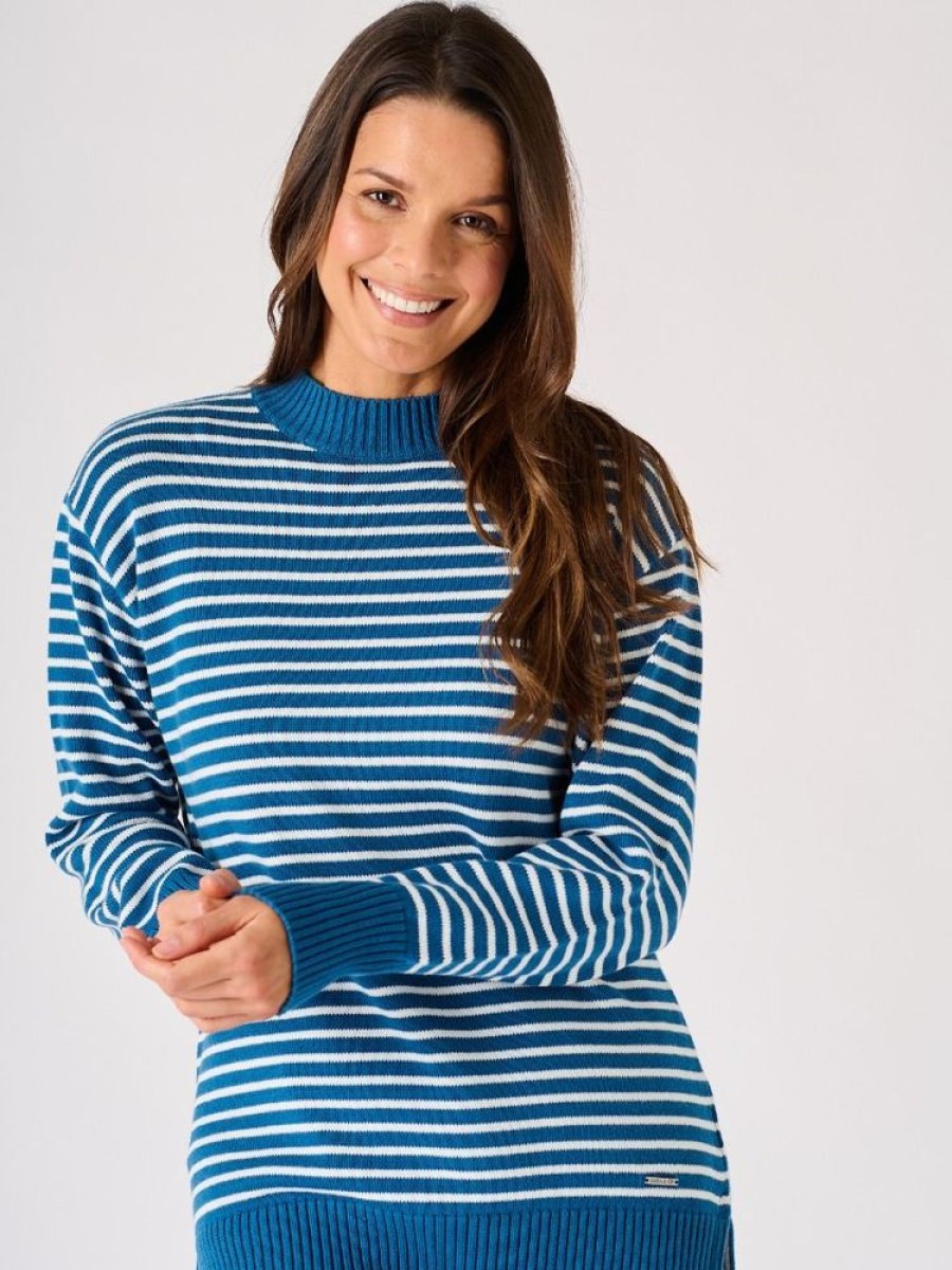 Quba & Co Blue And White Striped Button Shoulder Knitted Jumper- Fody Wholesale