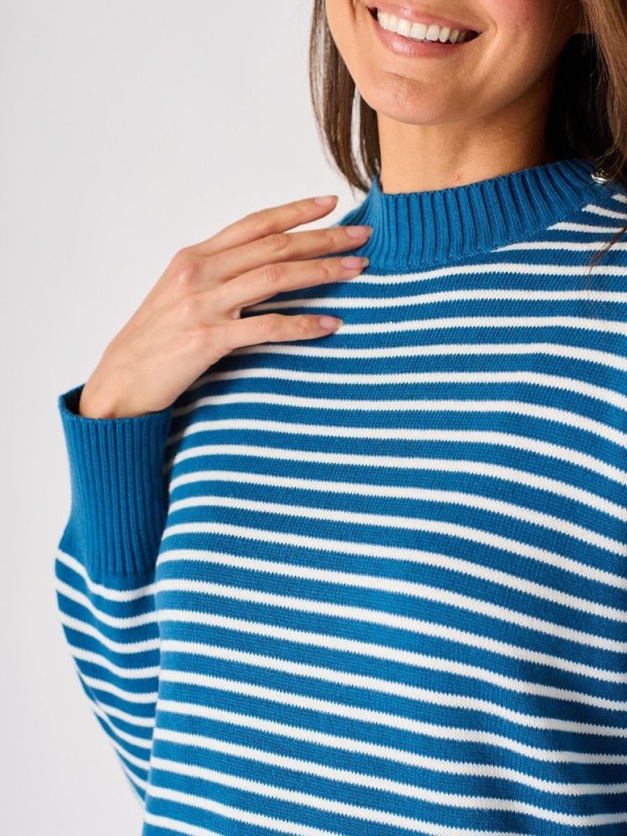 Quba & Co Blue And White Striped Button Shoulder Knitted Jumper- Fody Wholesale