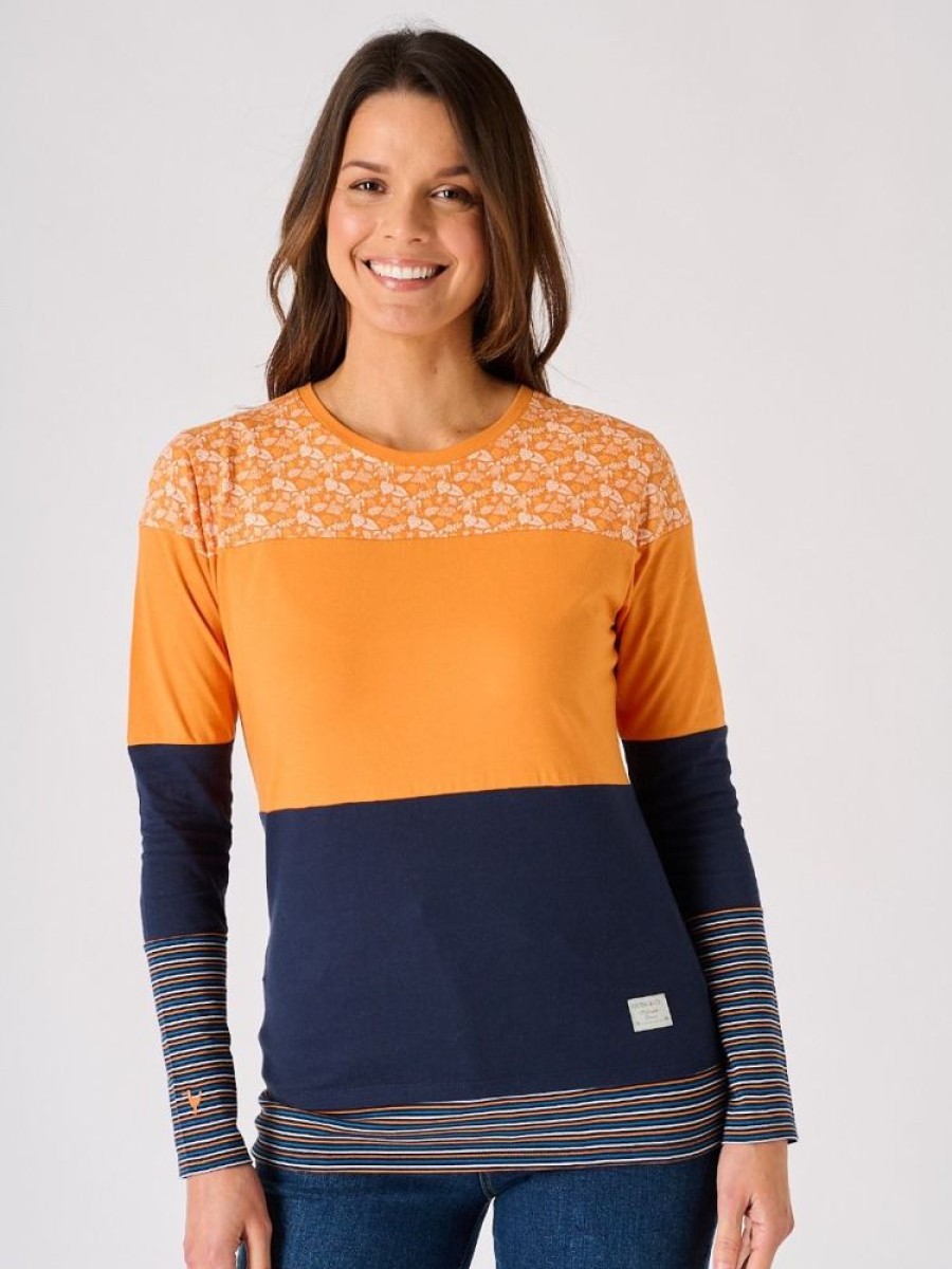 Quba & Co Navy And Pumpkin Orange Long Sleeve Colour Block T-Shirt - Pipit Wholesale