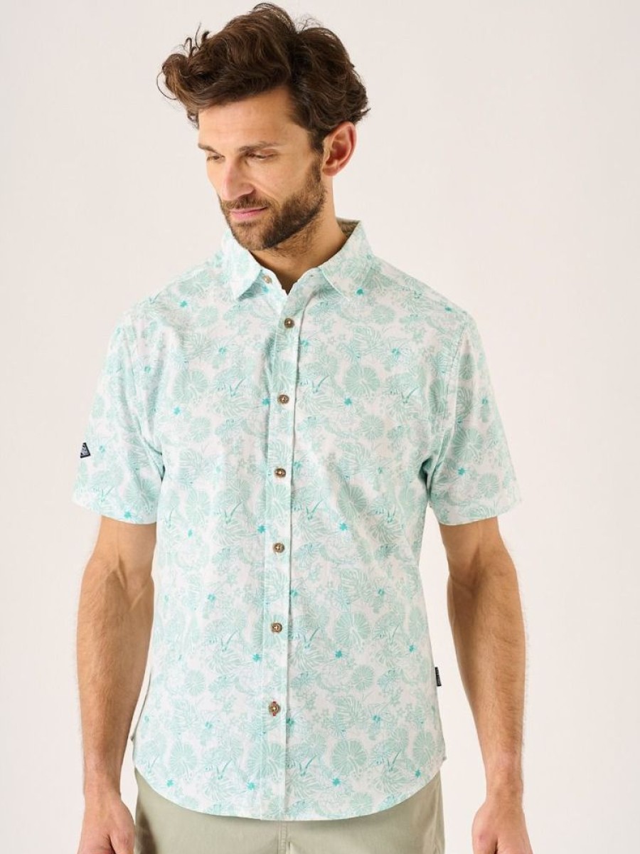 Quba & Co Dovensham White And Green Short Sleeve Shirt With Leaf Design Best