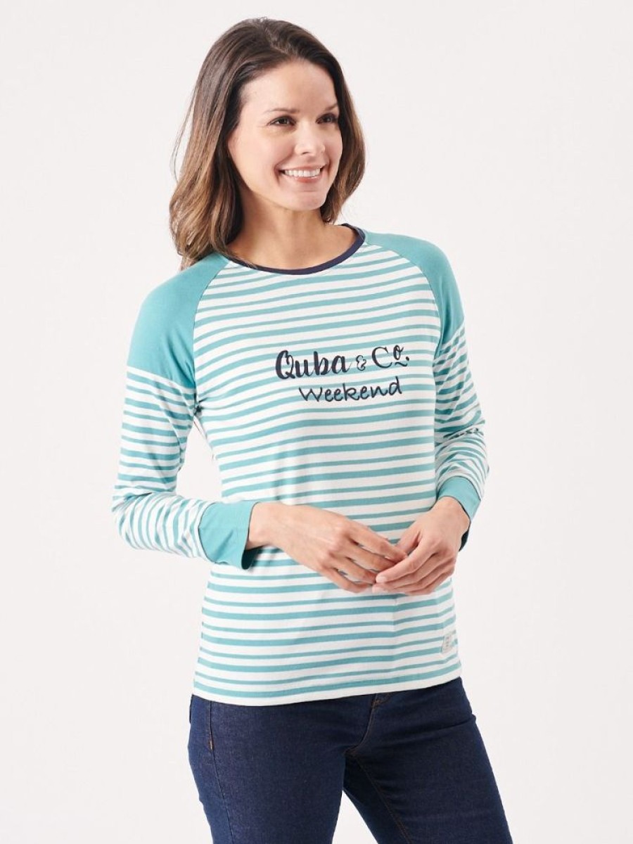 Quba & Co Olby Lagoon Blue And White Striped Quba Weekend Logo T-Shirt Hot