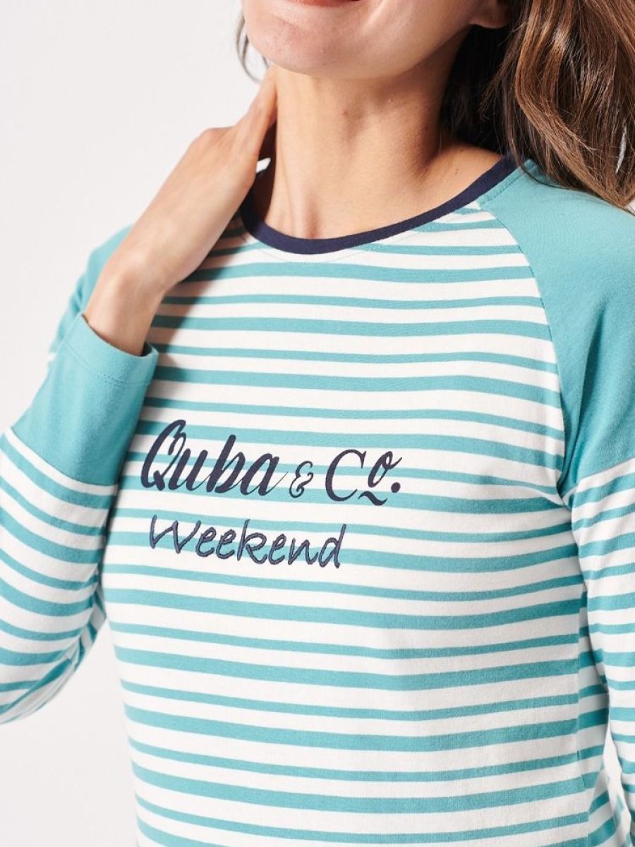 Quba & Co Olby Lagoon Blue And White Striped Quba Weekend Logo T-Shirt Hot