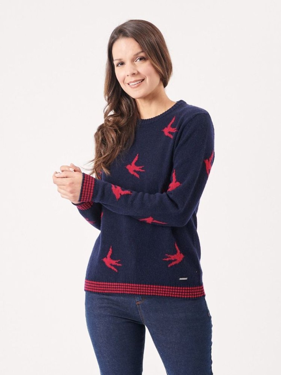 Quba & Co Arvika Navy And Red Bird Design Knitted Jumper Online