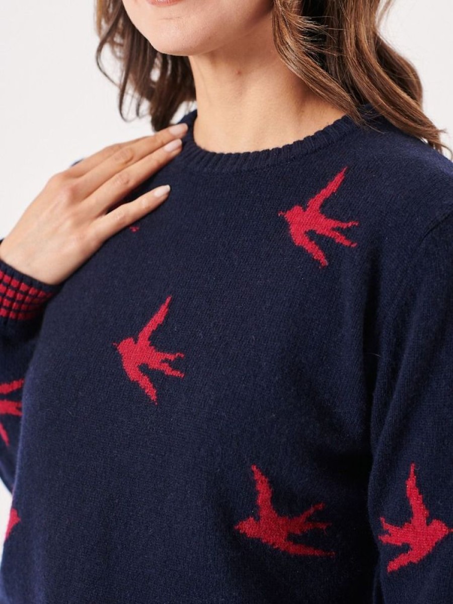 Quba & Co Arvika Navy And Red Bird Design Knitted Jumper Online