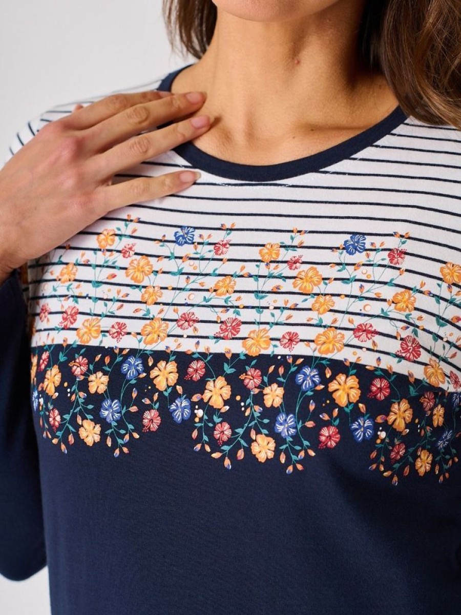 Quba & Co Navy Long Sleeved Floral Design T-Shirt - Syerra Online