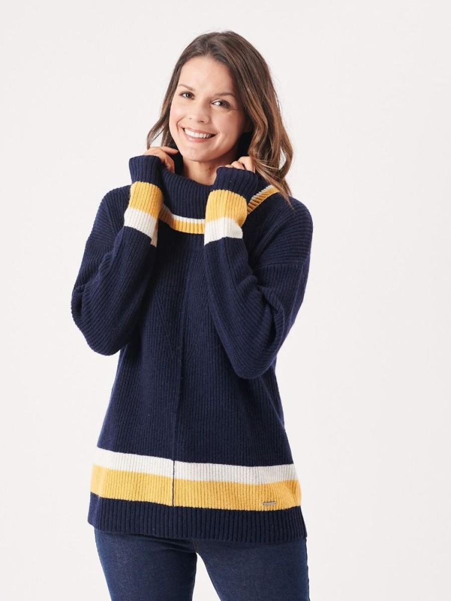 Quba & Co Mokk Navy Yellow And White Roll Neck Jumper Best