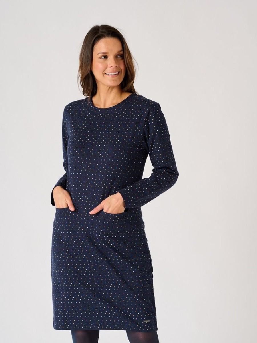 Quba & Co Navy Long Sleeve Jersey Dress With Spotted Print - Lorry Online