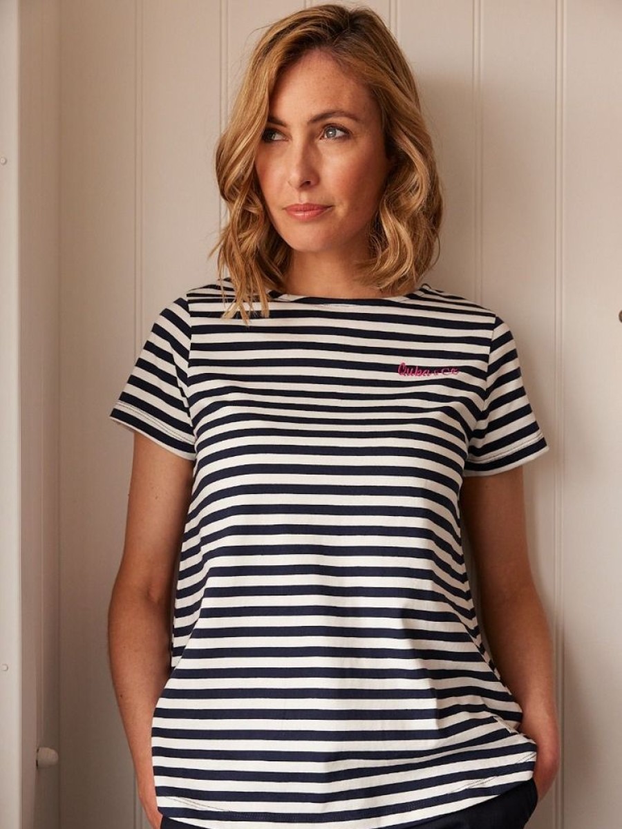 Quba & Co Snelson Navy And White Striped Pleated T-Shirt Wholesale