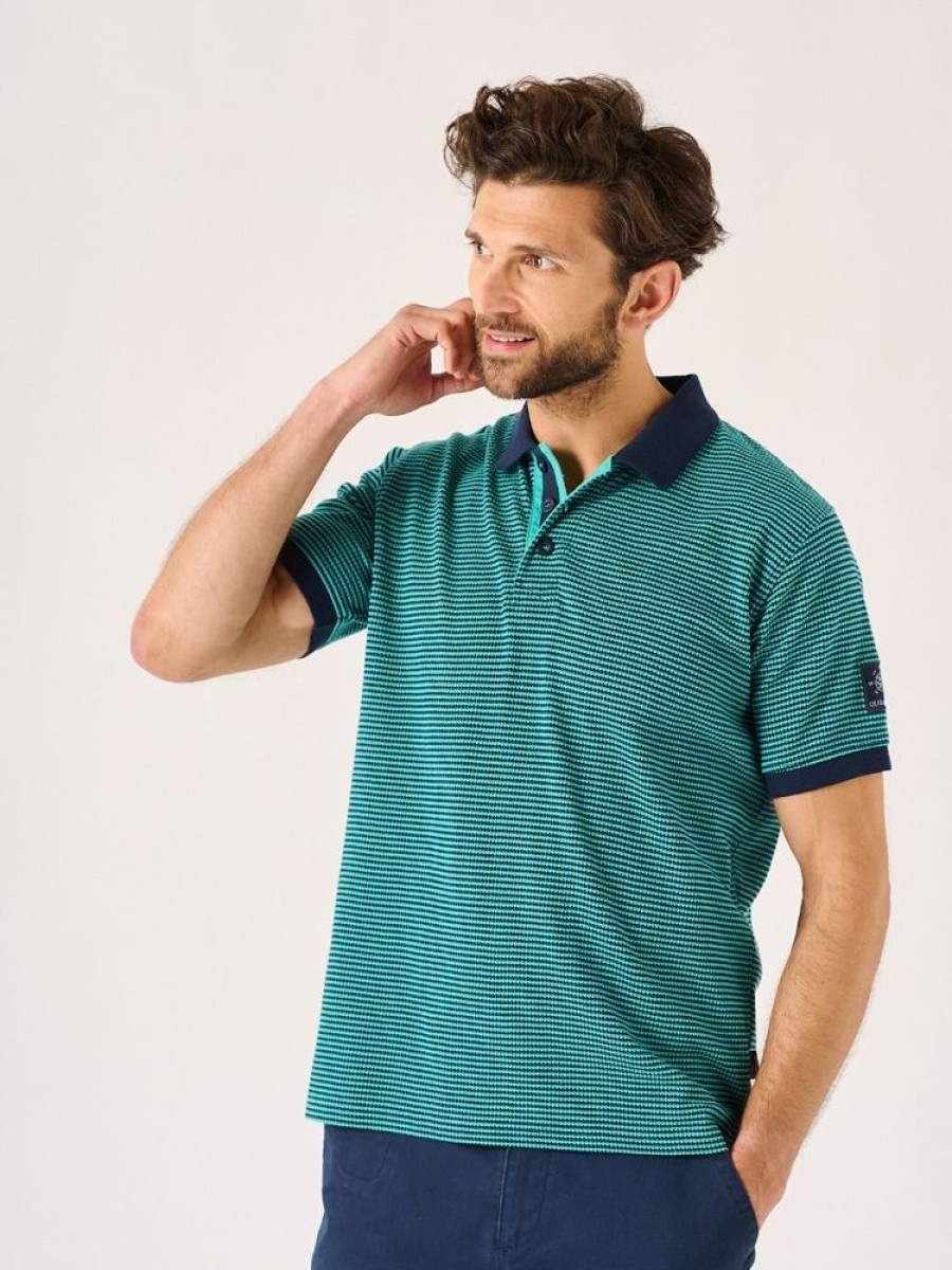 Quba & Co Hawkins Textured Stripe Green Polo Shirt Clearance