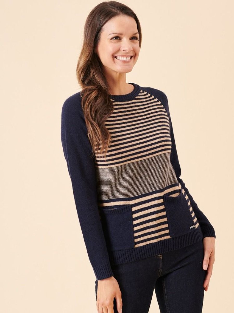 Quba & Co Nasso Raglan Long Sleeved Navy And Brown Jumper Hot