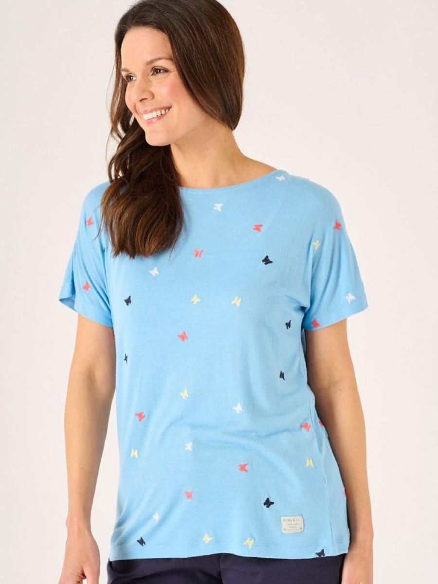 Quba & Co Mose Blue Butterfly Design Embroidery T-Shirt Wholesale