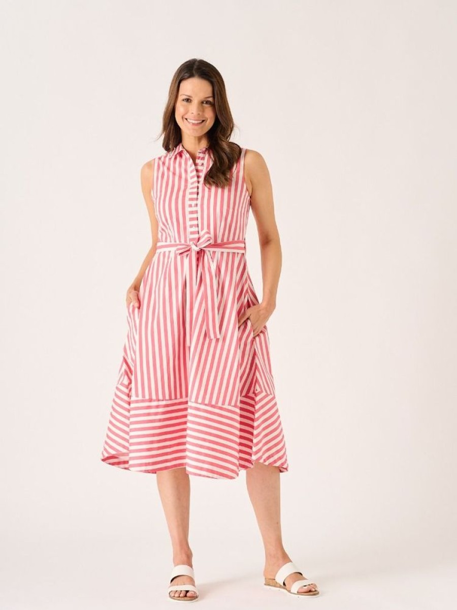 Quba & Co Bann Pink And White Striped Shirt Dress Clearance