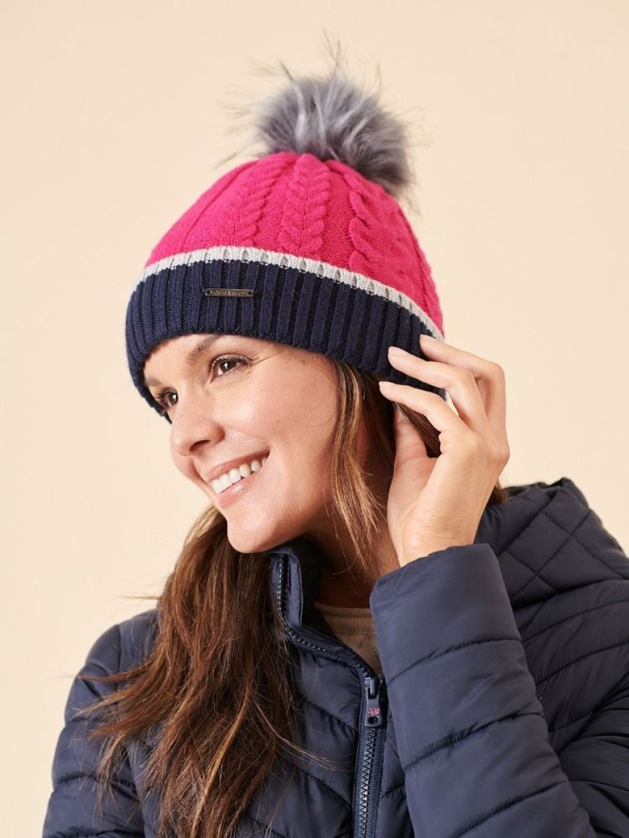 Quba & Co Pink Striped Cable Knit Faux Fur Bobble Hat - Willaston Wholesale