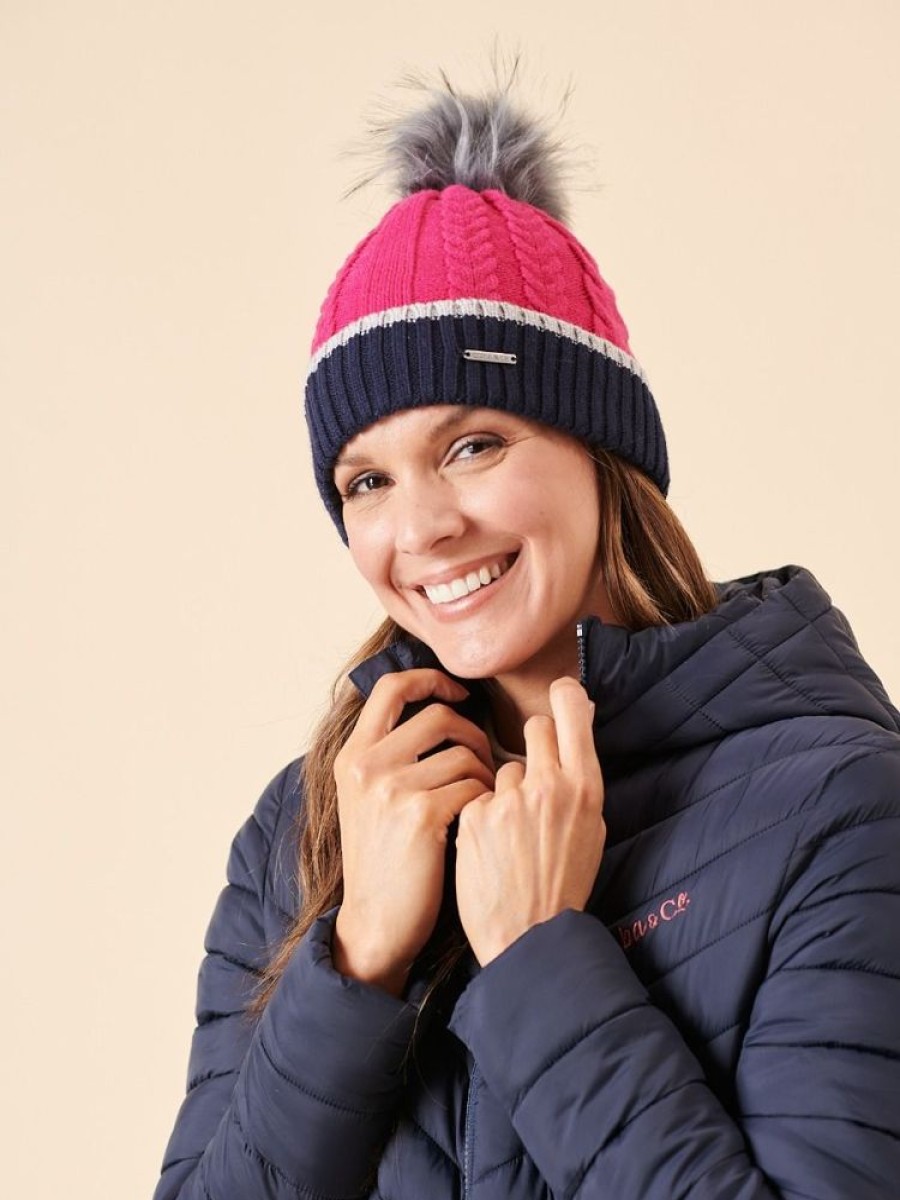 Quba & Co Pink Striped Cable Knit Faux Fur Bobble Hat - Willaston Wholesale