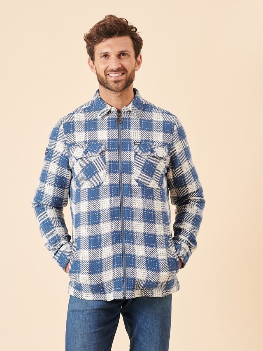 Quba & Co Wismann Zip Up Blue And White Checked Shirt New