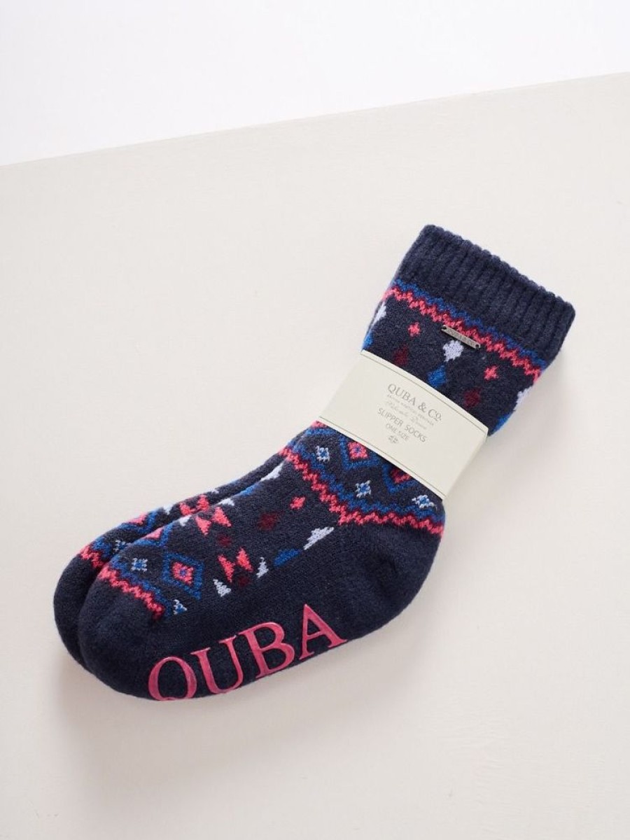 Quba & Co Navy And Winter Berry Fairisle Knitted Ladies Bed Socks - Falmer Hot