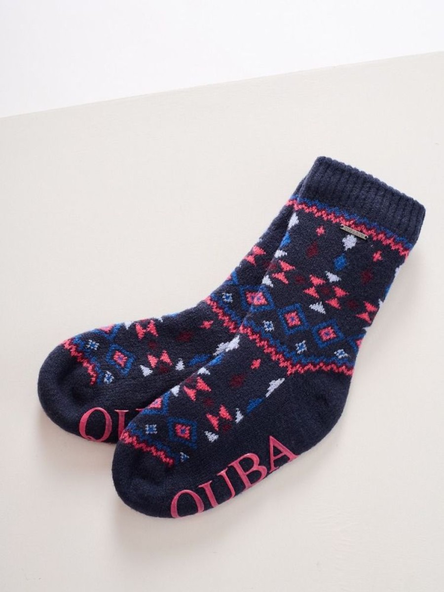 Quba & Co Navy And Winter Berry Fairisle Knitted Ladies Bed Socks - Falmer Hot