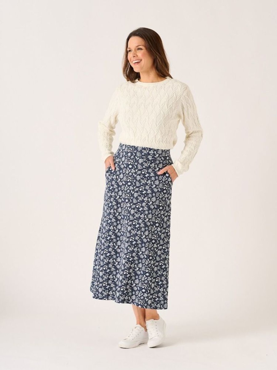 Quba & Co Langden Navy And White Ocean Design Midi Skirt Clearance