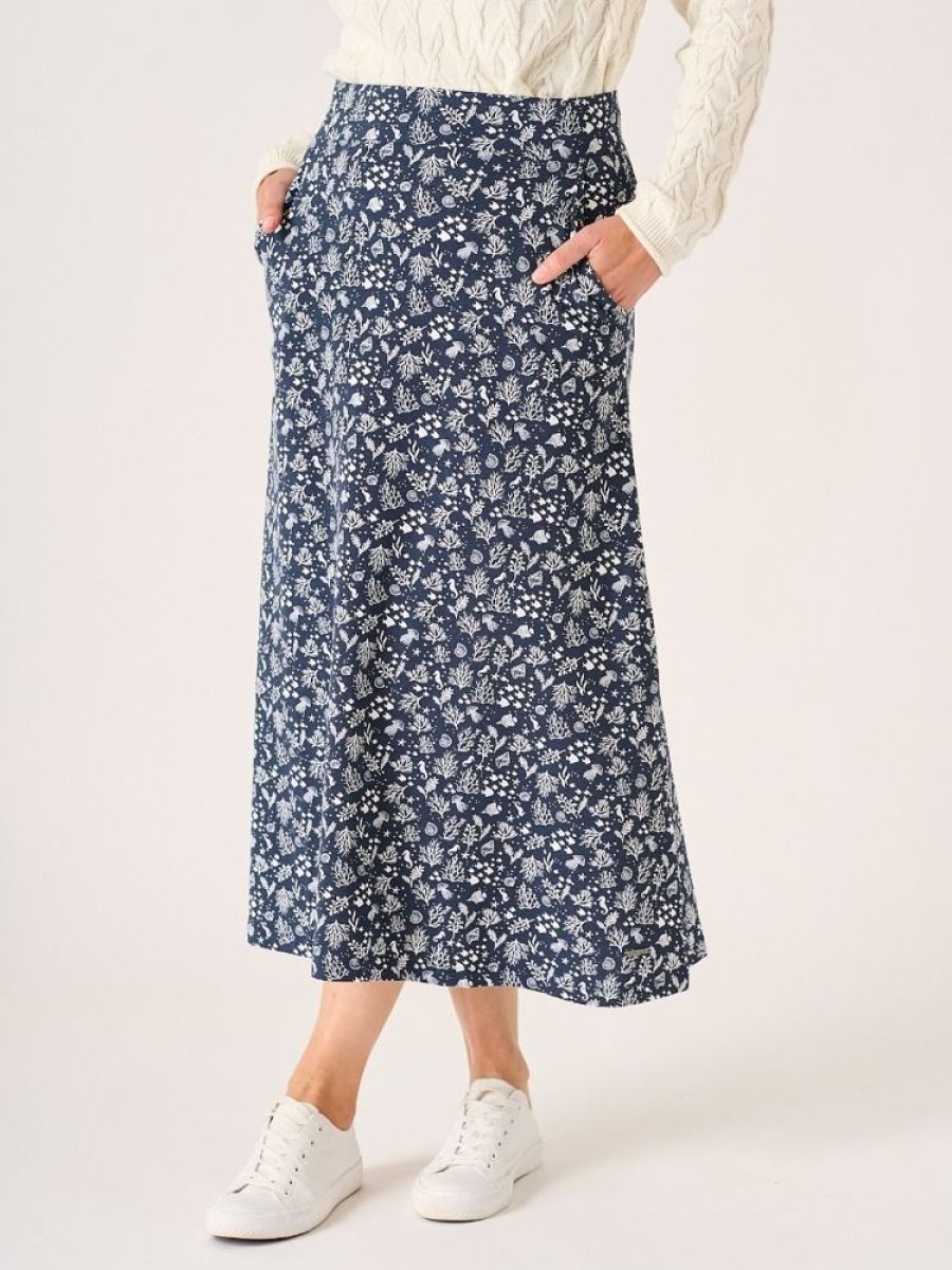 Quba & Co Langden Navy And White Ocean Design Midi Skirt Clearance