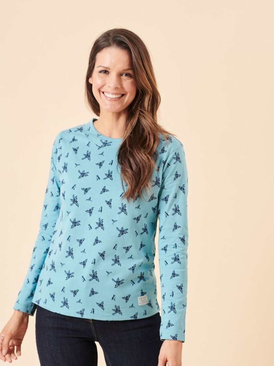 Quba & Co Norr Long Sleeve Sea Green T-Shirt With Bird And Leaf Design Online