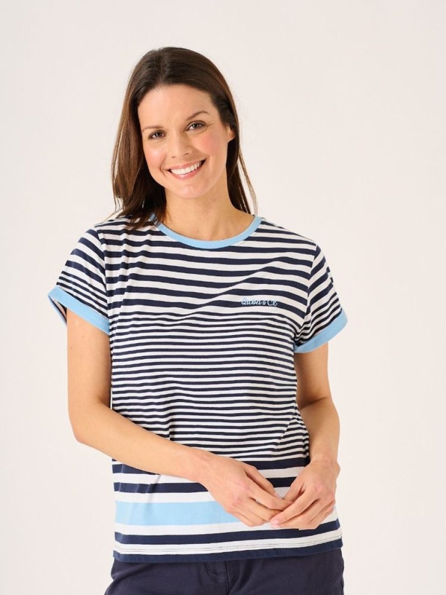 Quba & Co Marron Navy Blue And White Striped T-Shirt Online