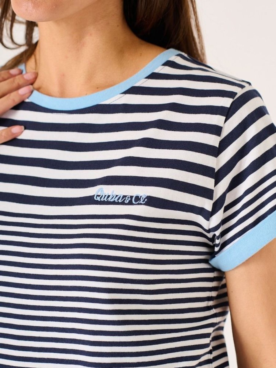 Quba & Co Marron Navy Blue And White Striped T-Shirt Online