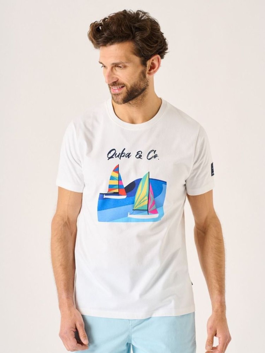 Quba & Co Sanins Lifestyle Quba And Co White Boat Printed T-Shirt Wholesale