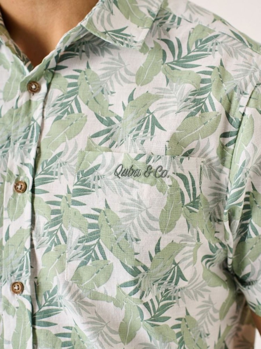 Quba & Co Alwinton Green And White Leaf Design Short Sleeve Shirt Best