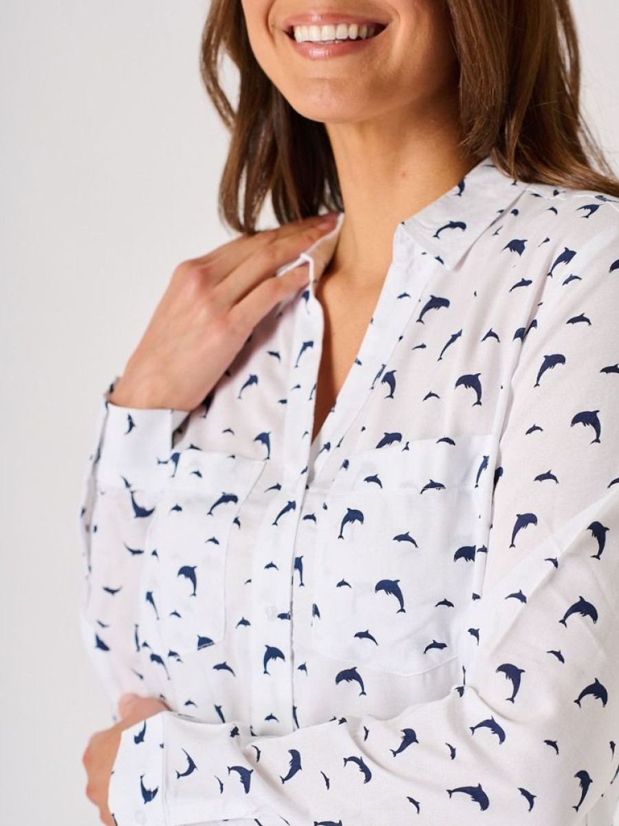 Quba & Co White Long Sleeved Dolphin Design Shirt - Kitti Hot