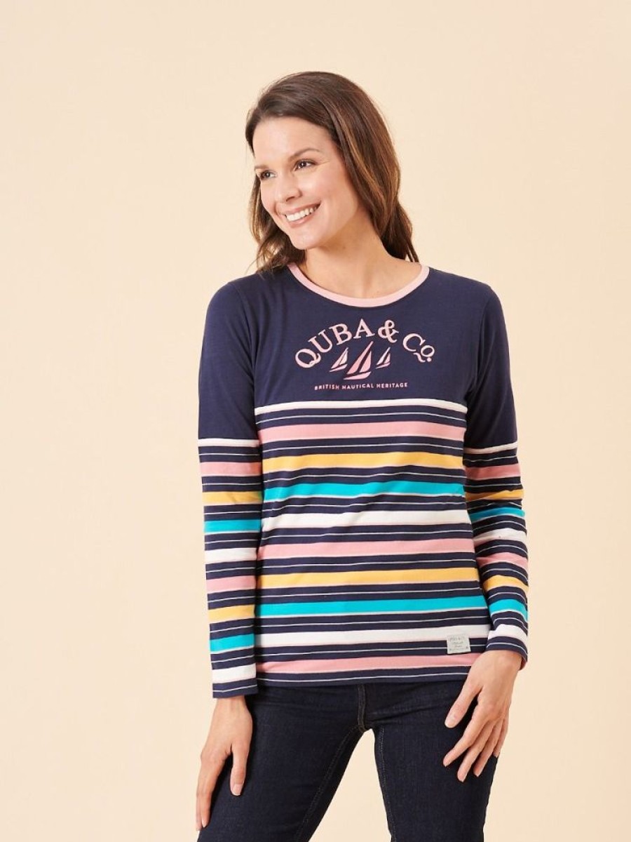 Quba & Co Kristin Multicoloured Striped Quba And Co Logo Long Sleeve T-Shirt New