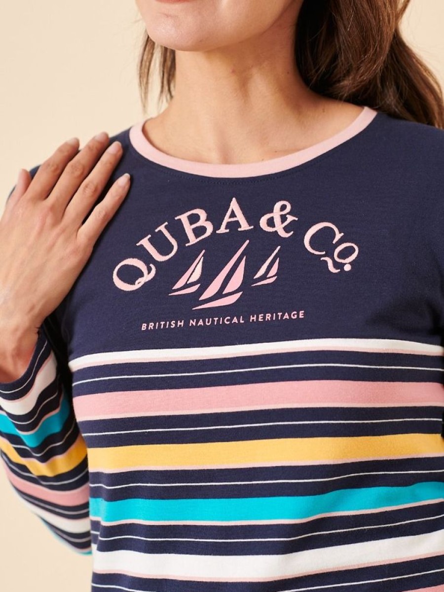 Quba & Co Kristin Multicoloured Striped Quba And Co Logo Long Sleeve T-Shirt New