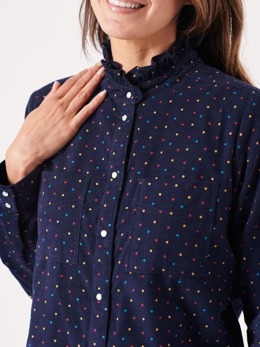 Quba & Co Uma Frill Neck Navy And Multicoloured Spotted Shirt Online