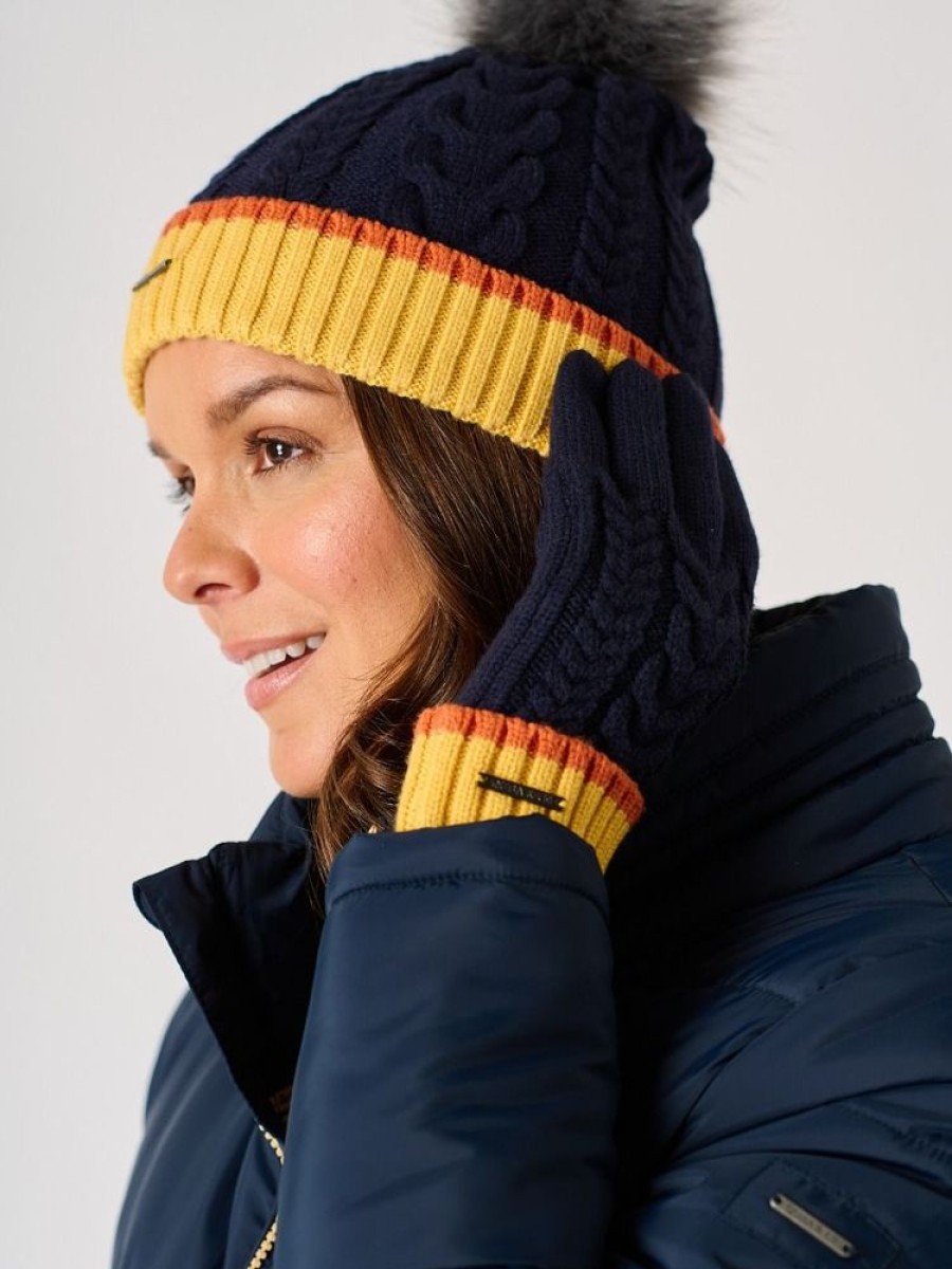 Quba & Co Navy And Ochre Cable Knitted Bobble Hat - Antrim Hot