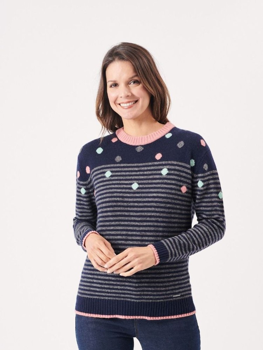 Quba & Co Skanor Spot And Stripe Navy Pink Jumper Hot