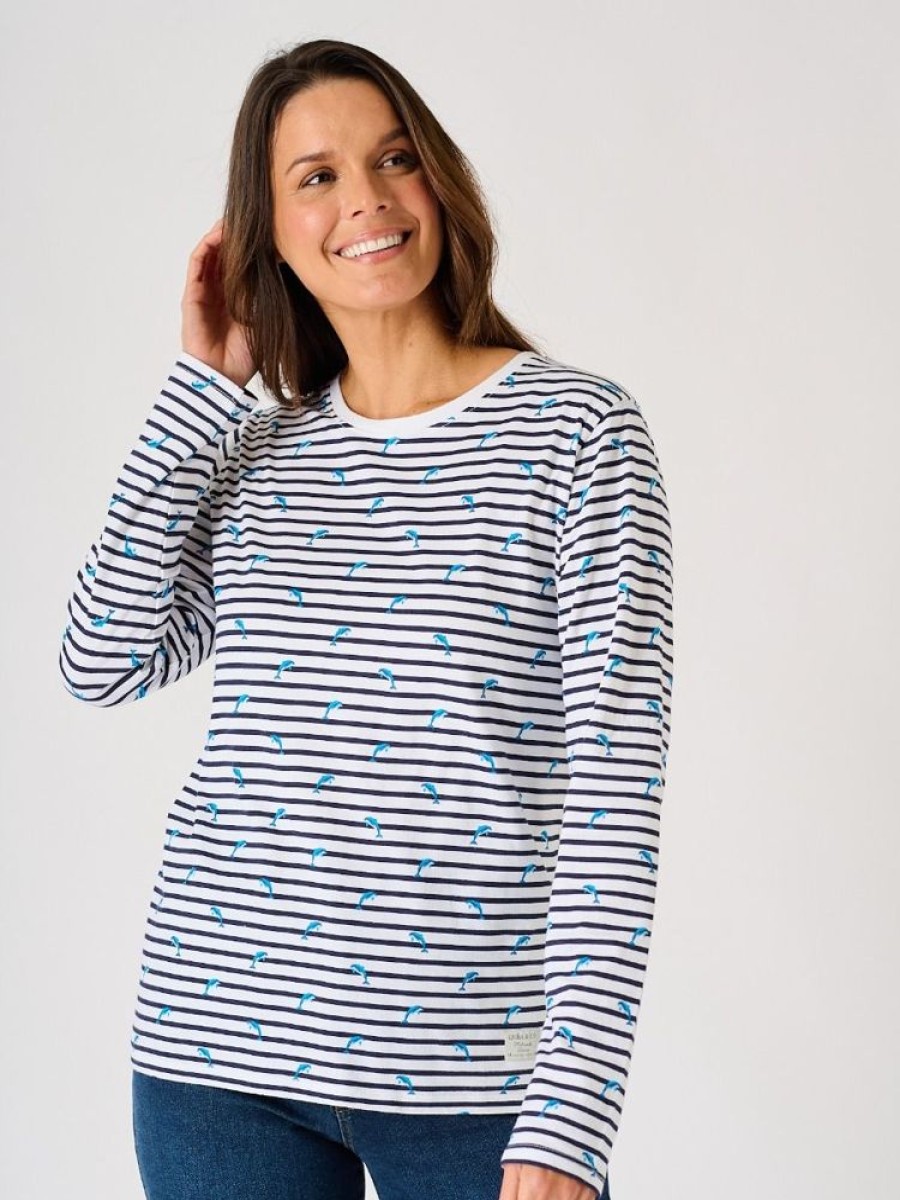 Quba & Co Navy And White Striped Dolphin Print Conversation Long Sleeved T-Shirt - Starling Hot