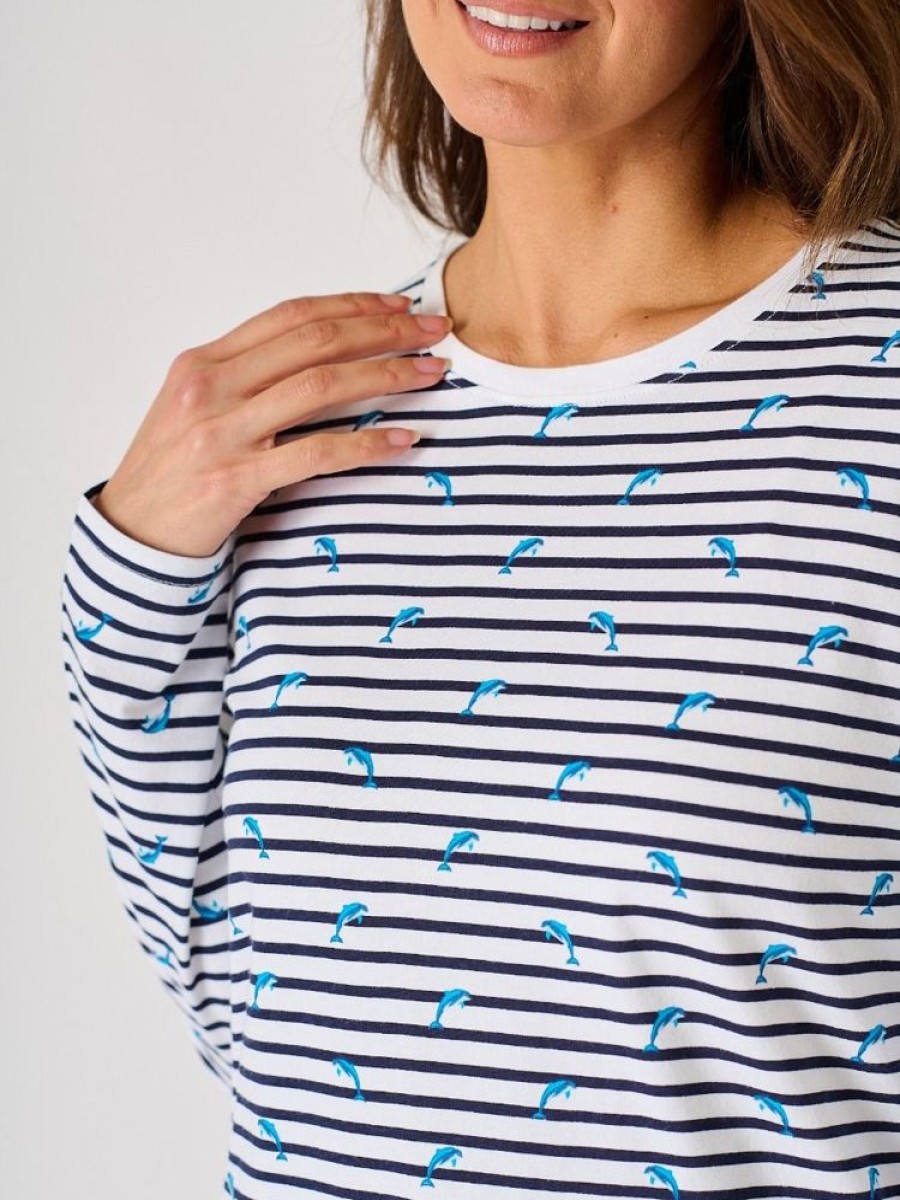 Quba & Co Navy And White Striped Dolphin Print Conversation Long Sleeved T-Shirt - Starling Hot