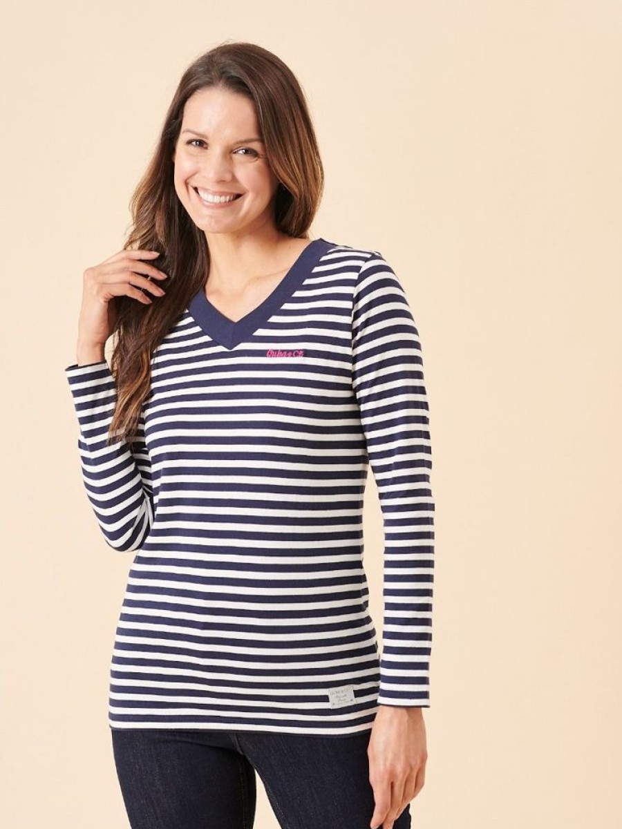 Quba & Co Rono V-Neck Navy And White Striped Long Sleeve T-Shirt Hot