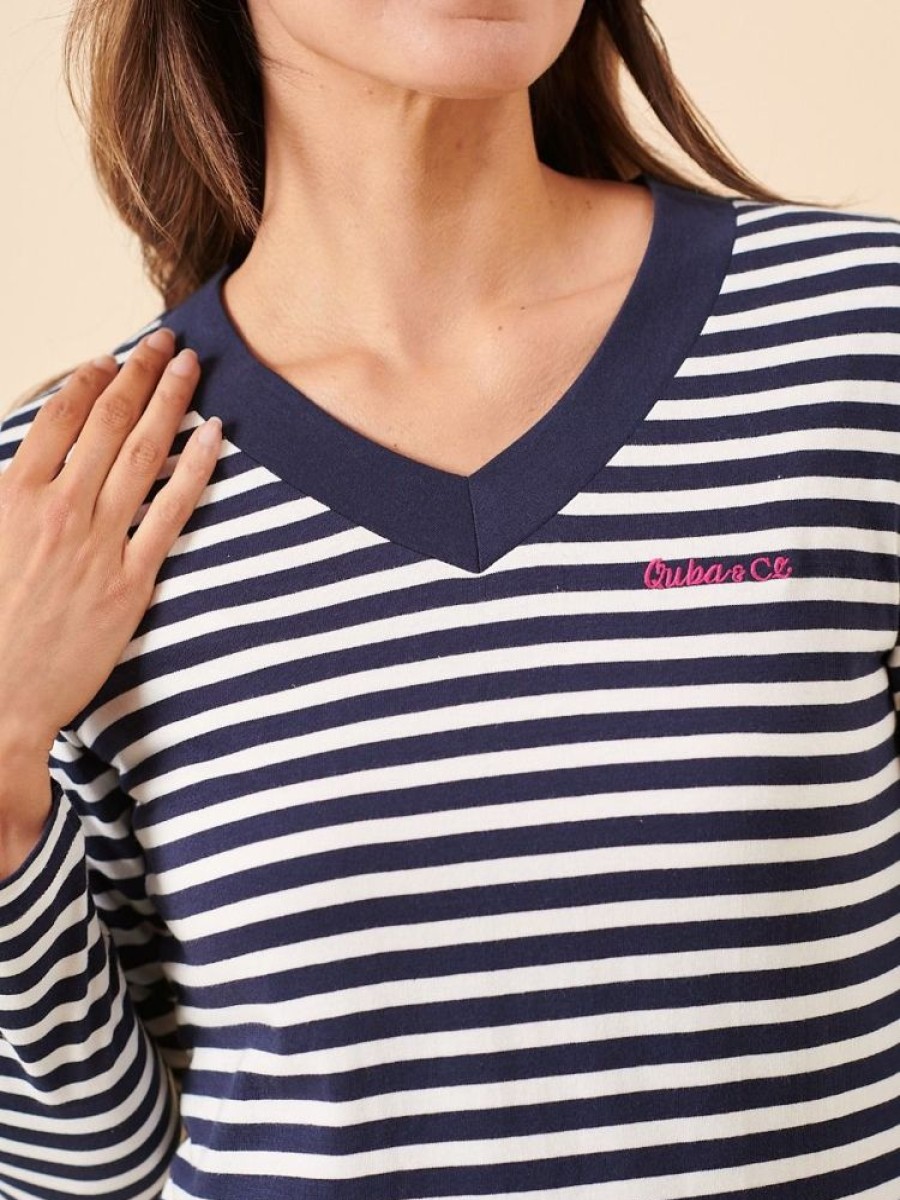 Quba & Co Rono V-Neck Navy And White Striped Long Sleeve T-Shirt Hot