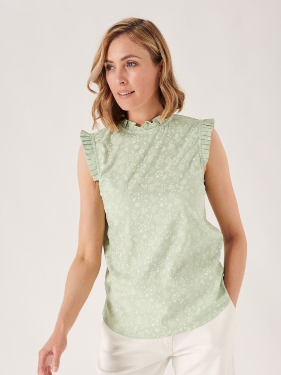 Quba & Co Dringerton Ruffle Neck Green Top New