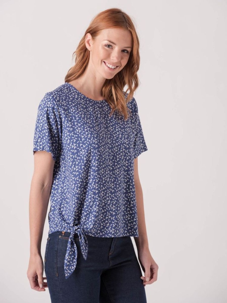 Quba & Co Vinca Side Tie Blue And White Woven Top Best