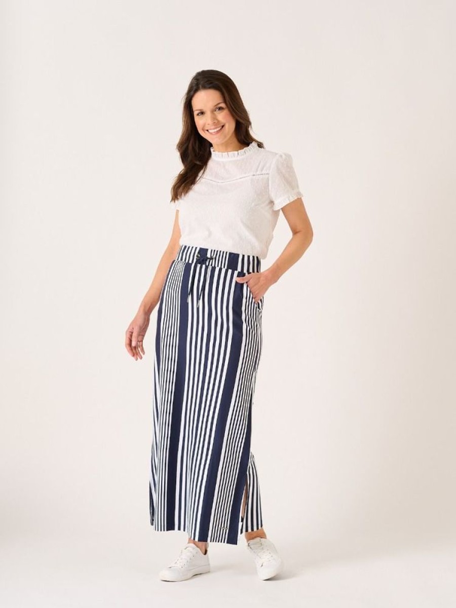 Quba & Co Tarbet Maxi Navy And White Jersey Striped Skirt Online