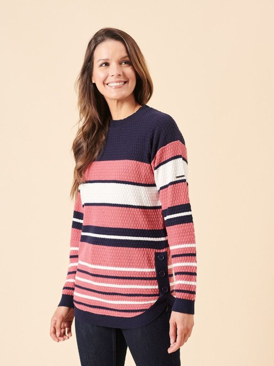 Quba & Co Viken Curved Hem Navy Pink And White Striped Jumper Clearance