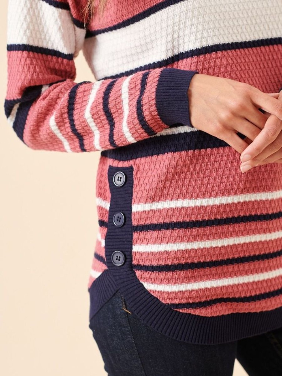 Quba & Co Viken Curved Hem Navy Pink And White Striped Jumper Clearance