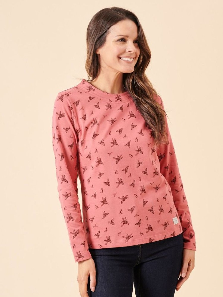 Quba & Co Norr Long Sleeve Red Leaf And Bird Design T-Shirt Hot