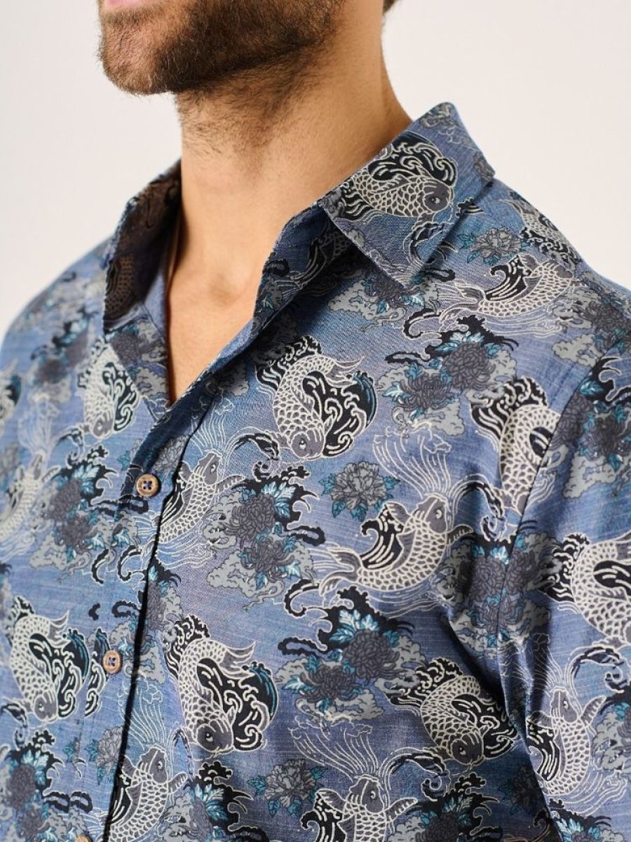 Quba & Co Kenton Short Sleeve Japanese Design Blue Shirt Best