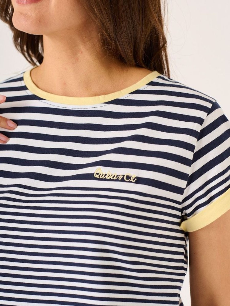 Quba & Co Marron Navy White And Yellow Striped T-Shirt Clearance